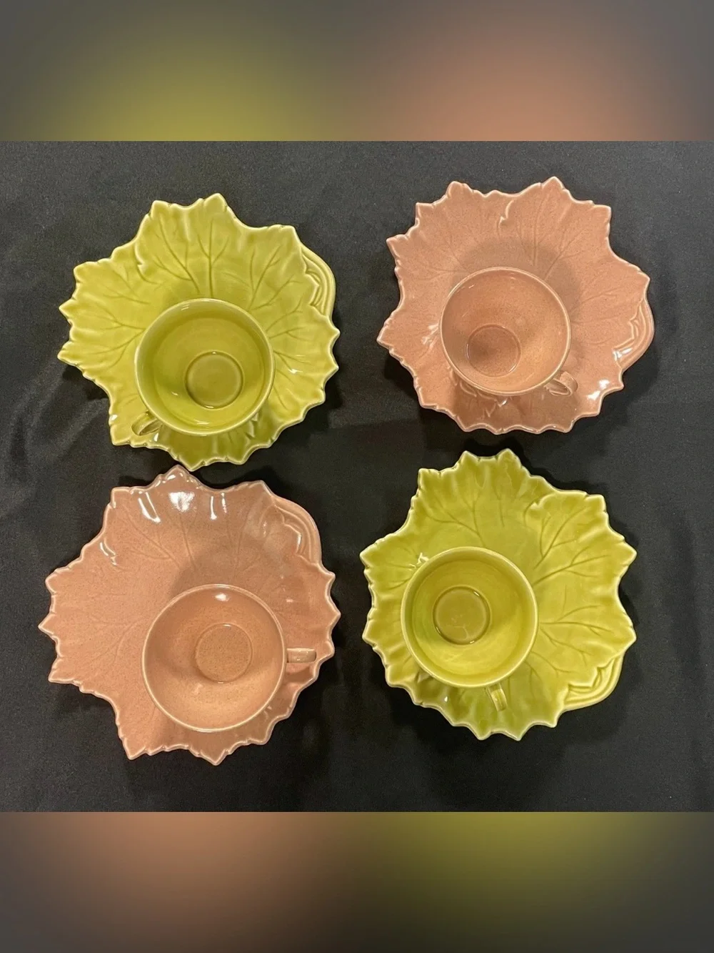 Vintage Woodfield Steubenville 4 Leaf Cup & 4 Saucer Set Pink Green Pottery 8pc